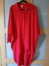 Ladies Red Gold Button Hi Lo Dip Hem Baggy Oversized Long Batwing Shirt Dress