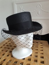 Vintage Black Boater Bermona Hat, 52cm Millinery Veil Bow