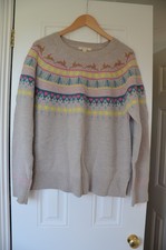 White Stuff Christmas Fair Isle Lambswool Jumper Womens 16 Light Grey Hare Motif