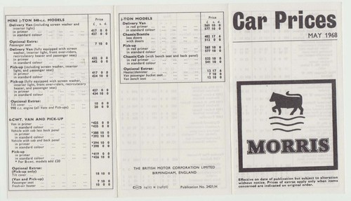 Morris price list 1968 mini - uk,