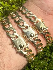 Flat Curb Cuban Link Chain Bracelet Real 14k Gold Plated 925 Silver Box Clasp