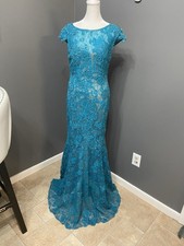 TONY BOWLS Turquoise Eyelet Lace Long Mermaid Tulle Beaded Sequin Dress Formal 6