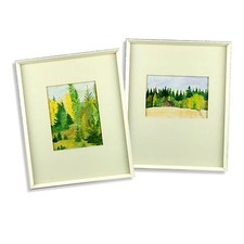 Pair of Original Framed Retro Landscape Watercolour Paintings Nordik Woodland