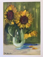 Original Still Life Oil Painting Sunflowers in a Vase Signed Framed Unique Art