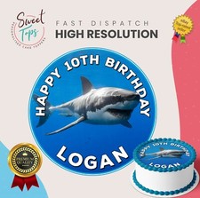 GREAT WHITE SHARK ROUND EDIBLE BIRTHDAY CAKE TOPPER DECORATION PERSONALISED