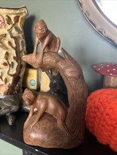Vintage Hand Carved Wooden Monkeys In A Tree, Boxwood?