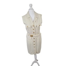 Cerruti Womens Safari Dress UK 12 Cream Ivory Vintage Belted Utility Sleeveless 