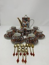 Vintage Japanese Blue Orange Peacock 15(17) Piece Coffee Set in Box[b.DQ]