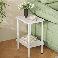 White Side Table, 2 Tier Narrow End Table with Storage Shelf
