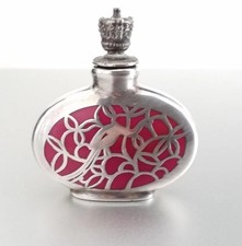 ANTIQUE PURE 1000 SILVER OVERLAY & DEEP PINK ENAMEL PERFUME SCENT BOTTLE  C1920
