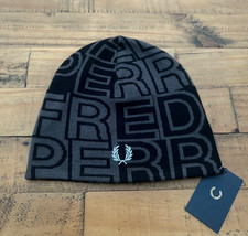 Fred Perry Cotton Monogram Beanie Men's Black Warm Hat Laurel Tonal Jacquard £59