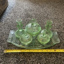Vintage Art Deco Frosted Green Glass 6 Piece Dressing Table Set