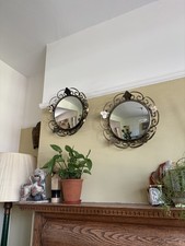 Vintage MCM Pair of 2 two Circular Convex Mirrors metal ivy leaf frame 36cms 14”