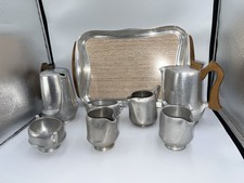 Vintage Piquot Ware Tea Set Tray Coffee Pot Sugar Bowl Milk Jug Wooden Handle