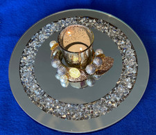 New Diamante Rhinestone Round Mirrored Jewelled Candle Plate 25cm Dia. [Plate 1]