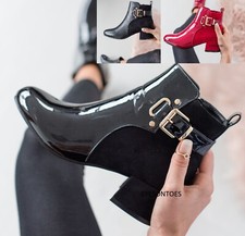 LADIES BUCKLE ZIP LOW HEEL PATENT BLOCK WOMENS CHELSEA ANKLE BOOTS SHOES SZ 3-8