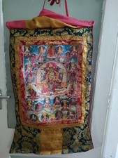 Old Tibetan Buddhism Silk Embroidery Sit Green Tara Goddess Tangka Thangka