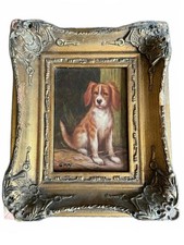 Charming Vintage Dog Painting in Ornate Frame - Singed "G Roy"