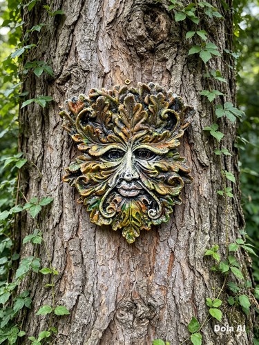 208 green man face - green, plaque