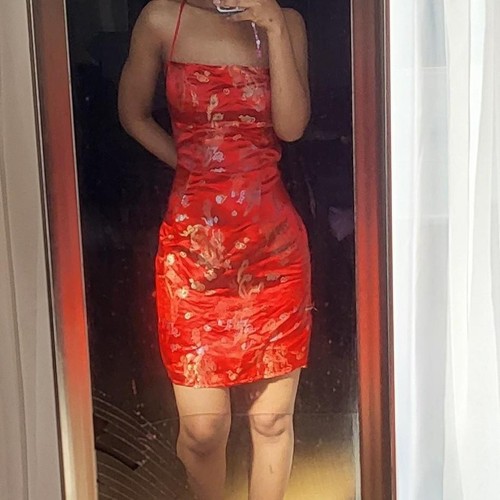 Chinese print tie dress red - chinese,