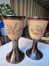 Pottery Wine Goblets Set of 2 Beige ,Brown Glazed Tall Large Used Studio Style