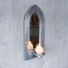 Vintage 1990s chunky cast aluminium arched mirror with pricket candle sconce