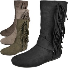 Pixie Flat Boots Tassle Ladies Womens Zip Fashion Comfy Mid Calf Shoes New Sizes