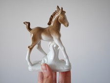 Vintage Porcelain Foal Figurine, Prancing Horse Ornament, Brown and White Colt