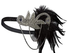 Silver Head Piece 1920's Wedding Flapper Party Gatsby Headband Black Feather