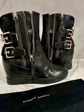 Giuseppe Zanotti Vintage Hidden Wedge Boots 37 Black Leather Gold Zip Buckle