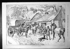 Old Print Busy Blacksmith Shoeing Horses Carriage Waiting Dog Church 1879 19th