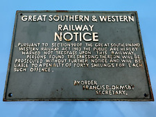 CAST IRON GREAT SOUTHERN & WESTERN RAILWAY NOTICE SIGN 27cmx39cm (REPRODUCTION)
