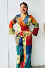 Bell Sleeve Crop Top Pant Set Patchwork Cotton Palazzo Pant Hippie Clothes Women