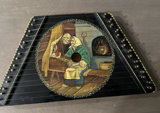 Russian Wooden Hand Painted Folk Scene Signed Lap Harp Zither