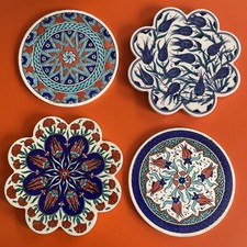 4 Vintage Retro Ceramic Trivet Tile Iznik Style Turkish Pottery Floral Bohemian