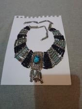Egyptian Revival Vintage Mummy Beads Faience & Metal Filigree Cleopatra Necklace