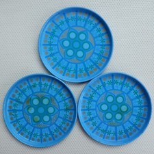 3 VINTAGE Metal Drinks Coasters Geometric Blue Pattern Design 1960s/1970s 8cm Di