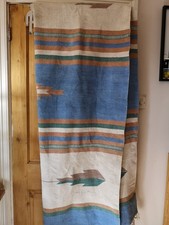 Vtg traditional hand made kilim rug ecru blue tan 54x80" used guc light boho