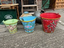 SET OF 3 LOVELY ORNATELY HAND PAINTED RECLAIMED VINTAGE METAL BUCKETS BARGEWARE