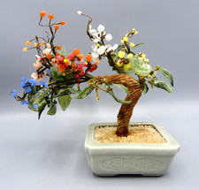 Antique Japanese Serpentine Jade & Semi-Precious Stone Bonsai Tree – 18cm – Used