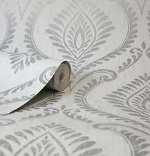 BARGAIN Job Lot Of 2 Rolls Crown Estelle Grey Damask Metallic Wallpaper M1756