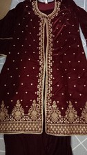 Gold Thread Embroidered burgundy Velvet Outfit Pakistani Ladies Party Suit m 