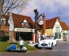 VINTAGE MOUNTED MOTORING PRINT AUSTIN HEALEY & LAMBRETTA CAVENDISH SUFFOLK 1960s