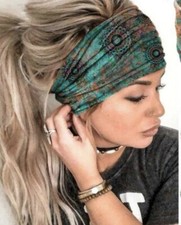 Boho Scrunchy Headband - Hippie Wide Headband - Green & Brown Mandala Pattern