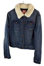 Superdry Womans Trucker Denim Collared Faux Fur Jacket Cotton Blue Size XL