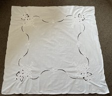 Vintage White Linen Embroidered Tablecloth 32x31 Inch Floral Design Shabby Chic