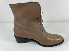 Faith Mocha Coffee Leather Faux Fur Collar Block Cuban Heel LaceUp Ankle Boots 7