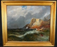 LARGE c1861 SHIPWRECK IN A STORM BY ROCKY COAST SIGNED ANTIQUE OIL PAINTING