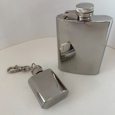 Two Hip Flasks Stainless Steel Large 10.5cm & Mini Flask with keyring clip F490