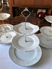 3 Tier Large (26cm/19cm/14cm) White and Silver Grey Cake Stand - Flowers